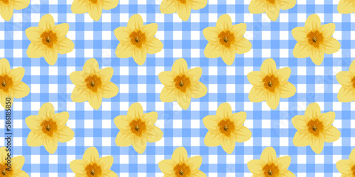 Seamless pattern with yellow daffodils on a blue checkered background, vector illustration.