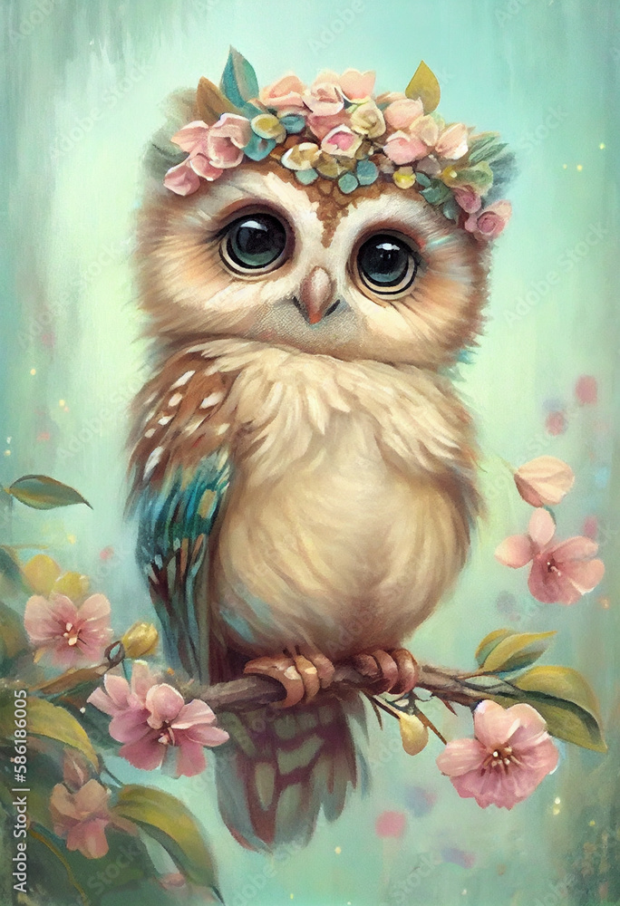 Whooo could resist this adorable baby owl surrounded by pastel flowers in a dreamland? 🦉🌸💫