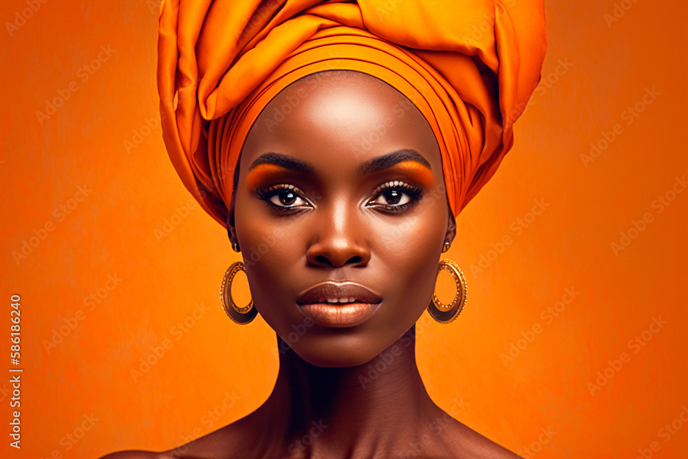 Beautiful young woman wearing traditional African head wrap on brown background. Generated AI Beautiful young woman wearing traditional African head wrap on brown background. Generated AI