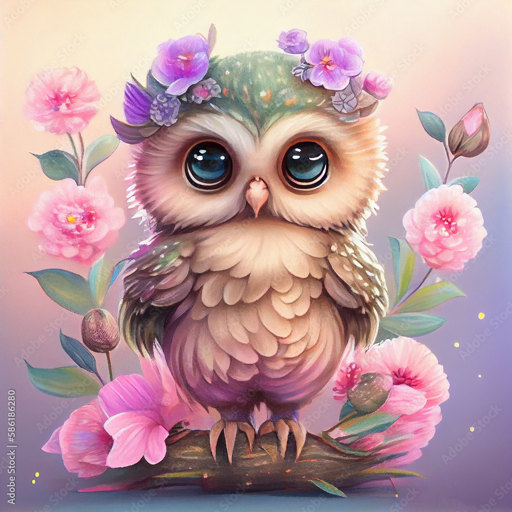 Obraz premium Whooo could resist this adorable baby owl surrounded by pastel flowers in a dreamland? 🦉🌸💫