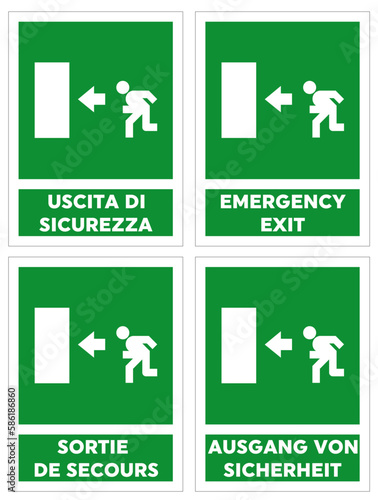 Cartelli di antincendio e salvataggio, uscita di sicurezza, Emergency exit, sortie de secours, hotel, motel, ristoranti, teatri, cinema, museo, mostre
