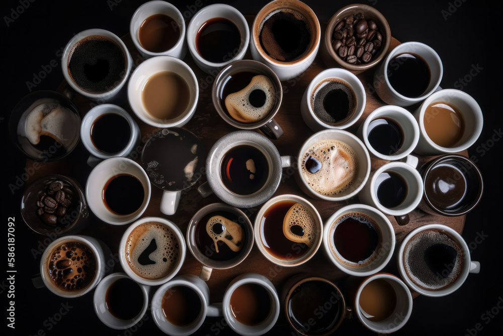 Overhead top view of lots of different cups of coffee. Generative ai Overhead top view of lots of different cups of coffee. Generative ai