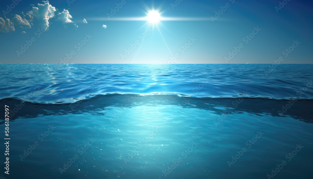 Sea wave, water background, low angle view. Water wave and clear blue sky and sun. Sea or ocean wave close-up view, cross section. Blue clean water, drinking water. Generative ai illustration Sea wave, water background, low angle view. Water wave and clear blue sky and sun. Sea or ocean wave close-up view, cross section. Blue clean water, drinking water. Generative ai illustration