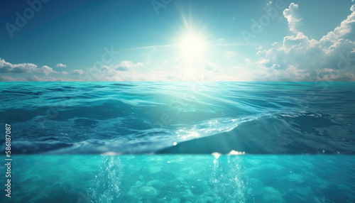 Sea wave background, low angle view. View from water, view of a clear blue sky and sun. Sea or ocean wave close-up view, cross section. Blue clean water, drinking water. Generative ai illustration