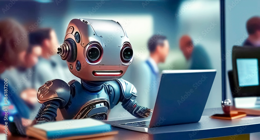 team of people and robots.Training of robots and artificial intelligence. Robot works behind laptops on blurred office with people background.Robot work with people.ai Generated team of people and robots.Training of robots and artificial intelligence. Robot works behind laptops on blurred office with people background.Robot work with people.ai Generated