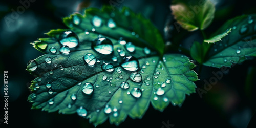 Raindrops on leaves close-up. AI generated