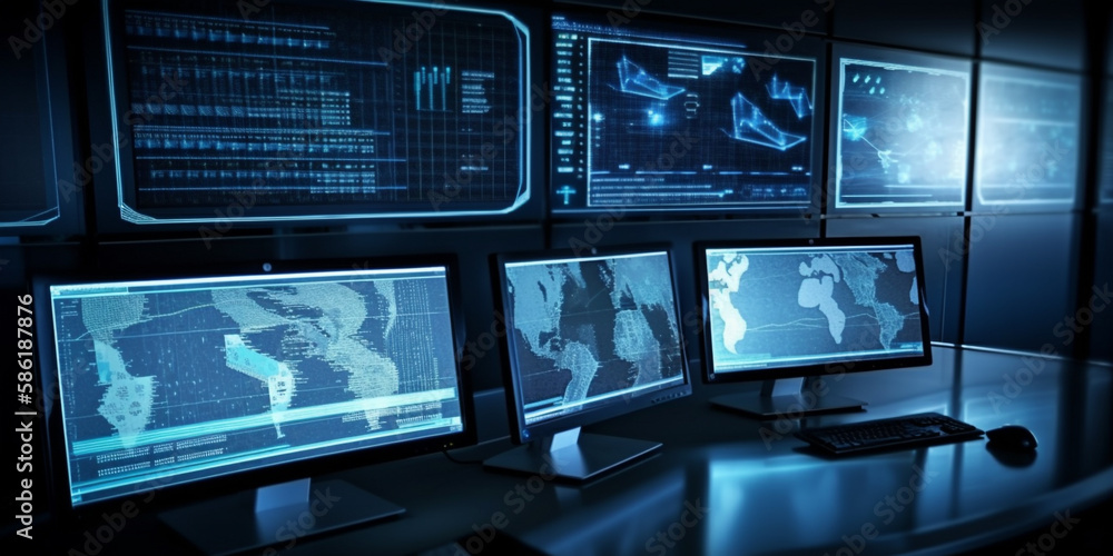 Control center, computers at the workplace. AI generated