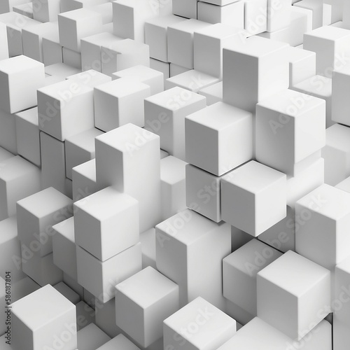 abstract, 3d, cubes, random, position, white, grey, gray, cube, boxes, block, background, wallpaper, geometry, pattern. Created using gereative AI.