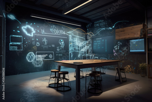 Futuristic school classroom with augmented reality projected in a electronic blackboard, generative AI 