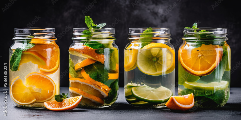 Collection of different summer party drinks in bulk glasses. Fresh fruit in a jar. AI generated Collection of different summer party drinks in bulk glasses. Fresh fruit in a jar. AI generated