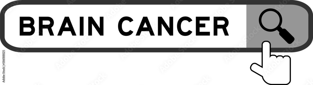 Search banner in word brain cancer with hand over magnifier icon on white background Search banner in word brain cancer with hand over magnifier icon on white background