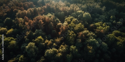 Aerial top view of forest trees. View of the forest from a bird's eye view. Generative AI 