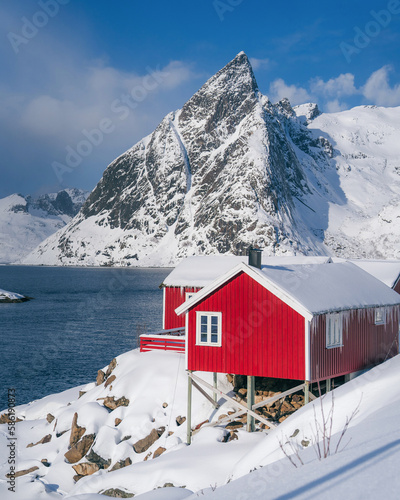 Fishing Village Hamnøy with snow covered Rorbuer. Town and fisherman's cabins or Rorbus in front of snowy mountains, winter, Hamnøy, Moskenesøy, Lofoten, Norway