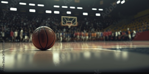 Basketball ball close-up on a blurred background of the arena. Basketball on a wooden field. Generative AI © Nadia
