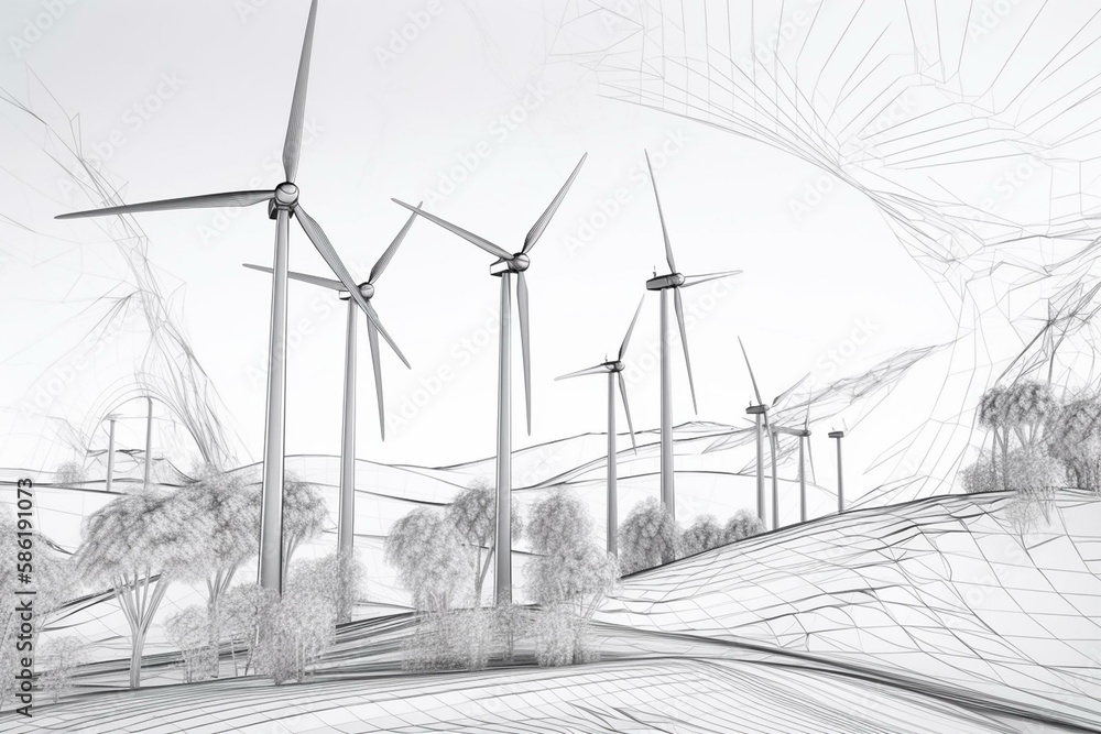 Wind energy in continuous line art drawing style. Wind turbines ...