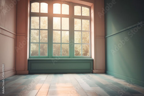 An empty room  and a large window  pastel colors. AI generative.