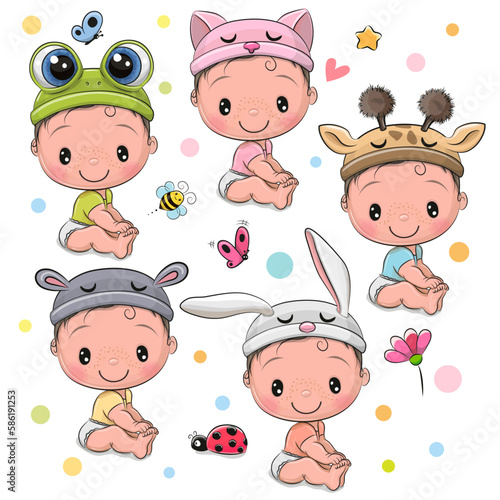 Cute Cartoon Babies in hats of different animals