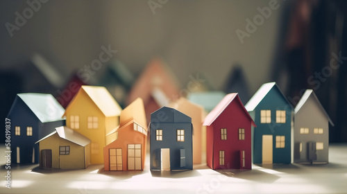 cute paper art of tiny minimalist houses area using a tilt-shift lens. real estate communication. generative AI illustration. photo