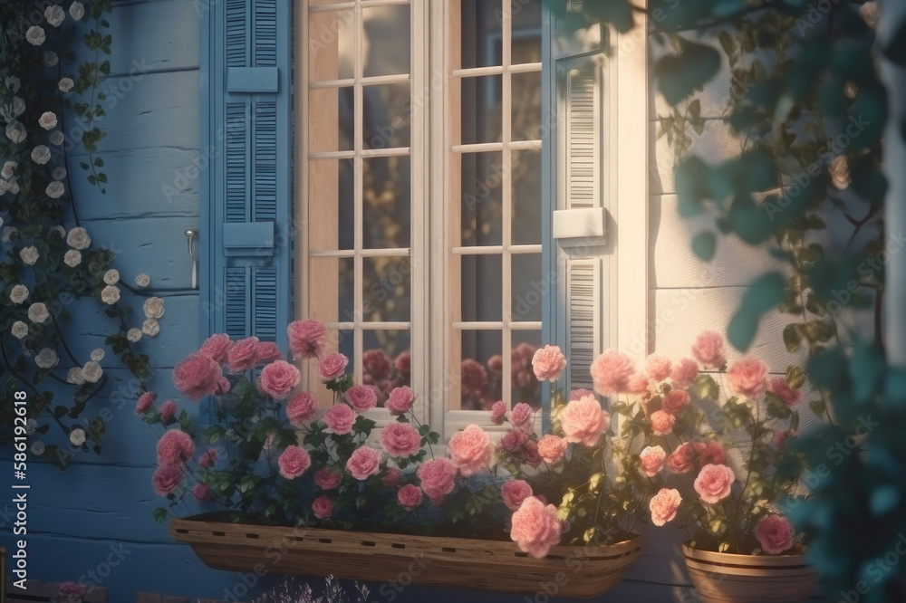 Fototapeta premium Windows with shutters and roses. AI generative.