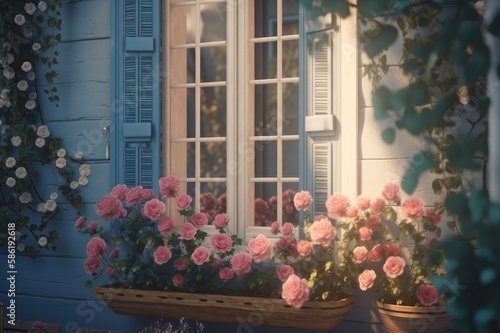 Windows with shutters and roses. AI generative.