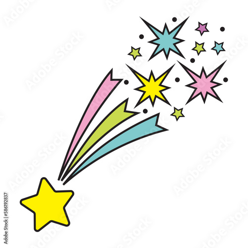 Multicolored star comet, salute. Color isolated vector illustration in cartoon style.