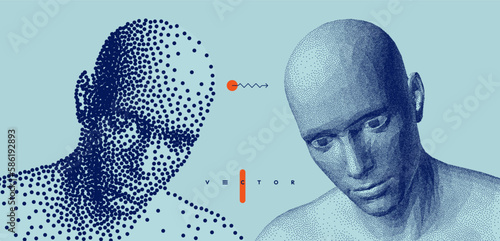 Two opponents facing each other. People talk face to face. Illustration of the communication between two humans. Mind reading concept. Battle with yourself. Vector in сoarse and fine style.