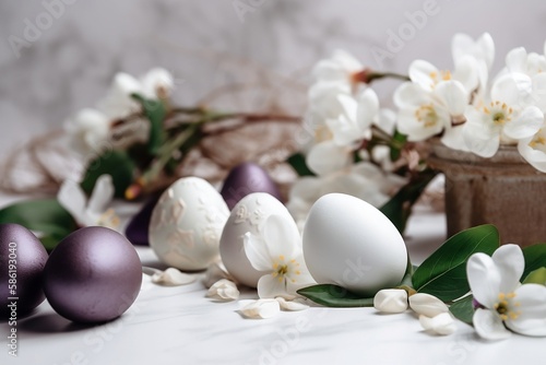 White and violet eggs with blossom cherry branch