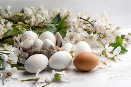 Easter composition of eggs and blooming branches of trees.