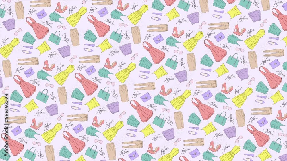 Hand drawn fashion pattern of woman clothes and accessories on a seamless loop Hand drawn fashion pattern of woman clothes and accessories on a seamless loop