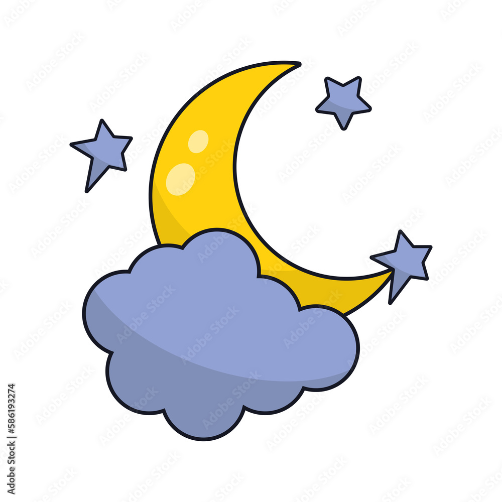 Vector design of crescent moon, stars and cloud on white background. Vector design of crescent moon, stars and cloud on white background.