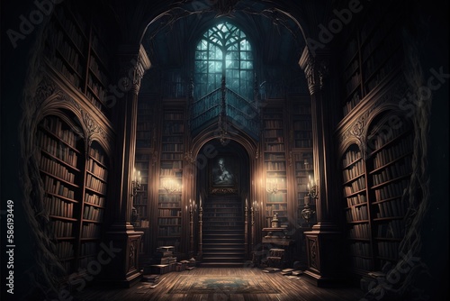 Dark library. AI generated