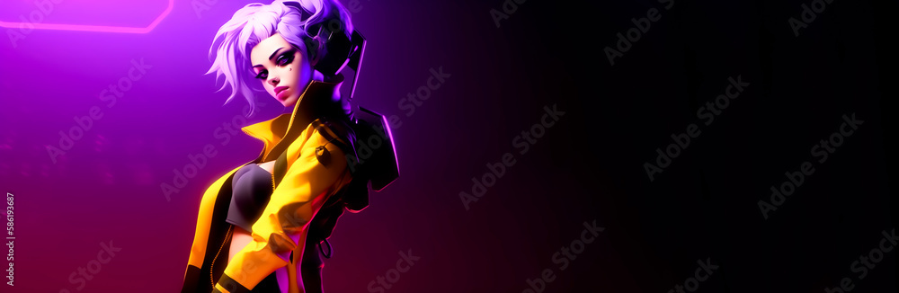 Curious Cyberpunk Anime Girl with white hair, purple and yellow theme with room for your own text, created with Generative AI. Curious Cyberpunk Anime Girl with white hair, purple and yellow theme with room for your own text, created with Generative AI.