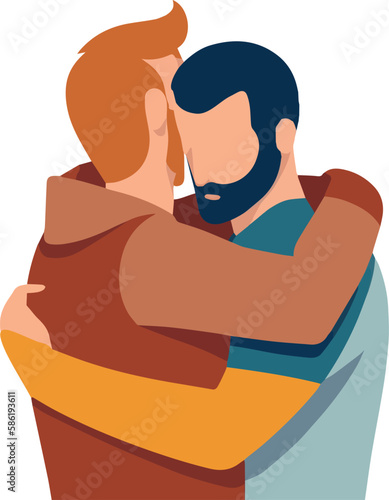 Couple of men in casual clothes hugging each other isolated on white background. Vector of two man with concept of fraternity, friendship, gay couple...
