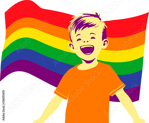 Happy young kid laughing with lgbt or gay flag behind isolated on white background. Vector with gay concept, pride, education, tolerance...