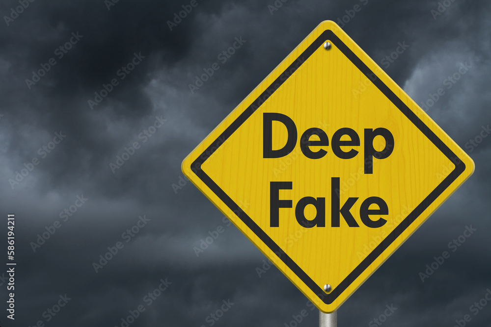 Deep Fake message on warning road sign with stormy sky Deep Fake message on warning road sign with stormy sky
