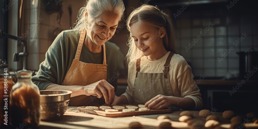 Grandmother and granddaughter helping each other to cook in the kitchen happily, they are laughing and smiling. Grandmother teaches a cute child to cook. Family teamwork. Generative AI Grandmother and granddaughter helping each other to cook in the kitchen happily, they are laughing and smiling. Grandmother teaches a cute child to cook. Family teamwork. Generative AI