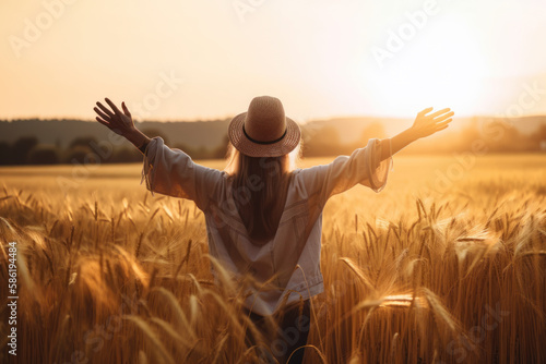 Woman raise hand up at grass field on sunset sky abstract background. Freedom and travel vacation concept. Generative ai