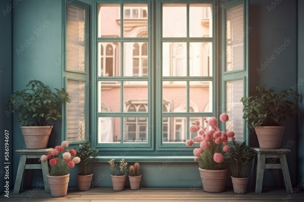 Windows with shutters and flowers in pots, pastel blue tones. AI generative.