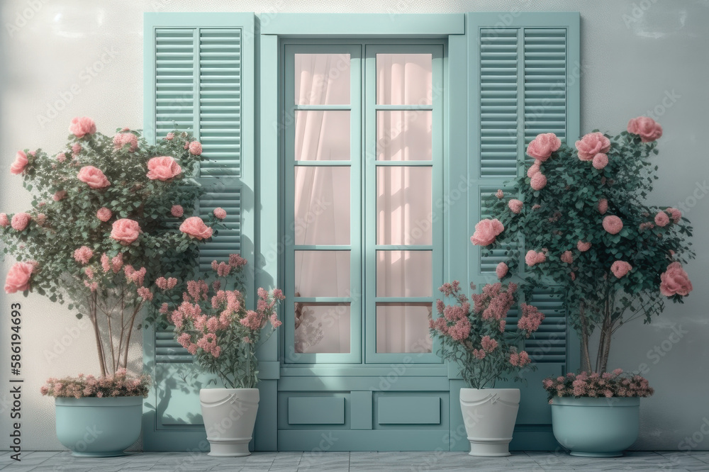 Background. Window with shutters and flowers in pots. AI generative.