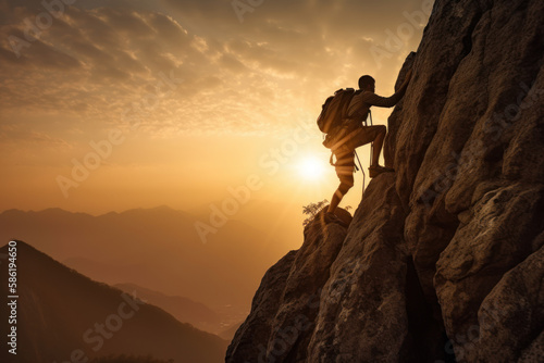 Man rock climbing on sunset sky abstract background. Generative ai