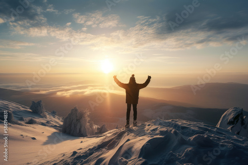 Man spread arms at top of snow mountain on morning sky abstract background. Generative ai