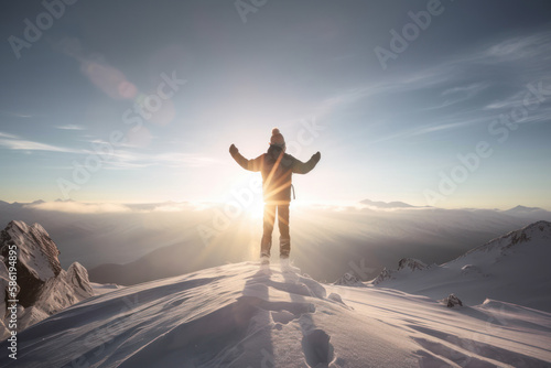 Man spread arms at top of snow mountain on morning sky abstract background. Generative ai