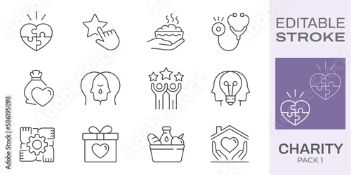 Charity icon set. Collection of donate  empathy  nonprofit and more. Black vector illustration. Editable stroke.
