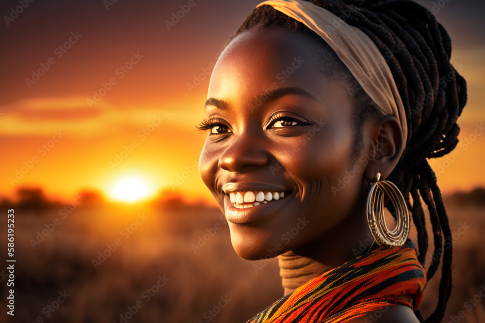 Beautiful young woman wearing traditional African head wrap on sunset Beautiful young woman wearing traditional African head wrap on sunset