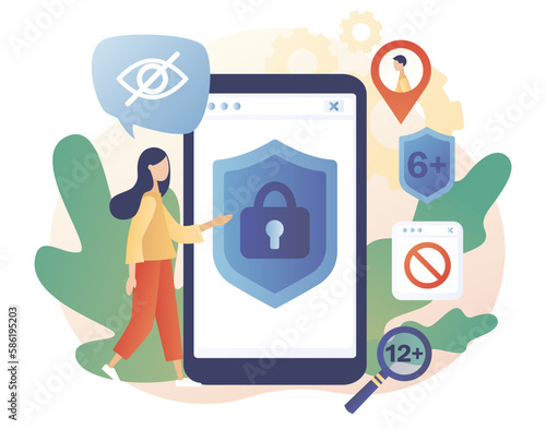 Parental control software. Access restrict online. Blocked, prohibited or inappropriate content for kids. Safe internet. Modern flat cartoon style. Vector illustration on white background