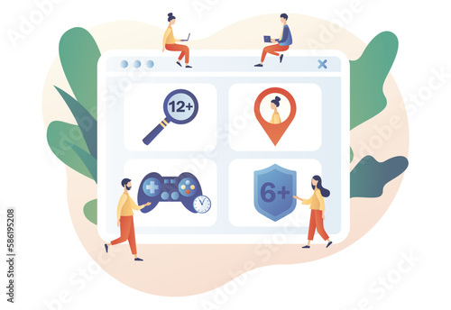 Parental control software. Age restrictions, limited game time, geolocation tracking. Blocked, prohibited or inappropriate content for kids. Safe internet. Modern flat cartoon style. Vector 