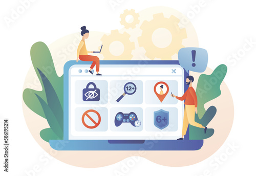 Parental control software. Age restriction, limited game time, geolocation tracking. Blocked, prohibited or inappropriate content for kids. Safe internet. Modern flat cartoon style Vector illustration