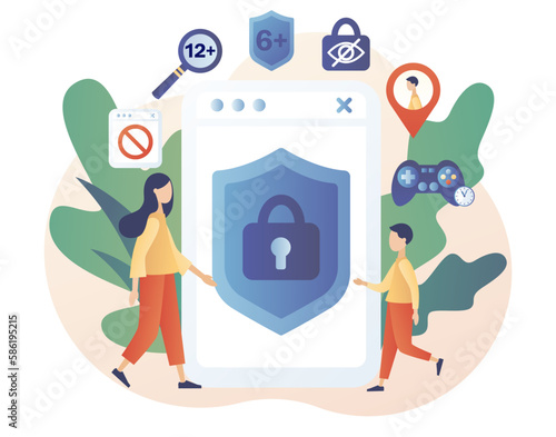 Parental control software. Access restrict. Blocked, prohibited or inappropriate content for kids. Safe internet. Modern flat cartoon style. Vector illustration on white background
