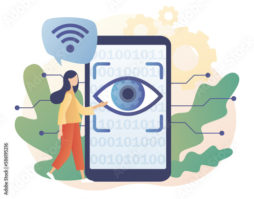 Computer vision. Neuro vision on smartphone screen. Video surveillance system, augmented reality systems. Artificial intelligence concept. Modern flat cartoon style. Vector illustration 