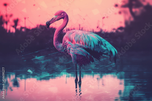 Flamingo on tropical beach abstract background. Retro tone color style. Generative ai